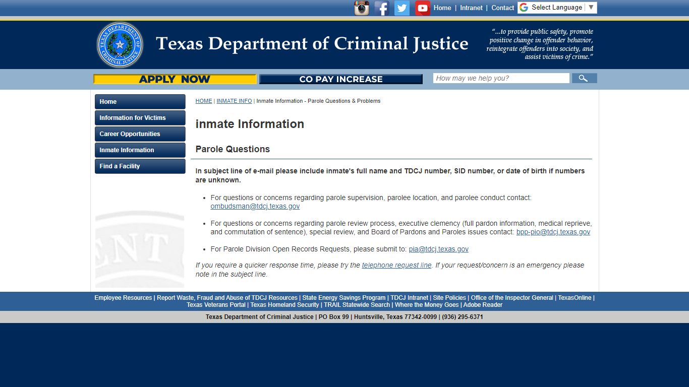 Inmate Information - Parole Questions & Problems - Texas Department of ...